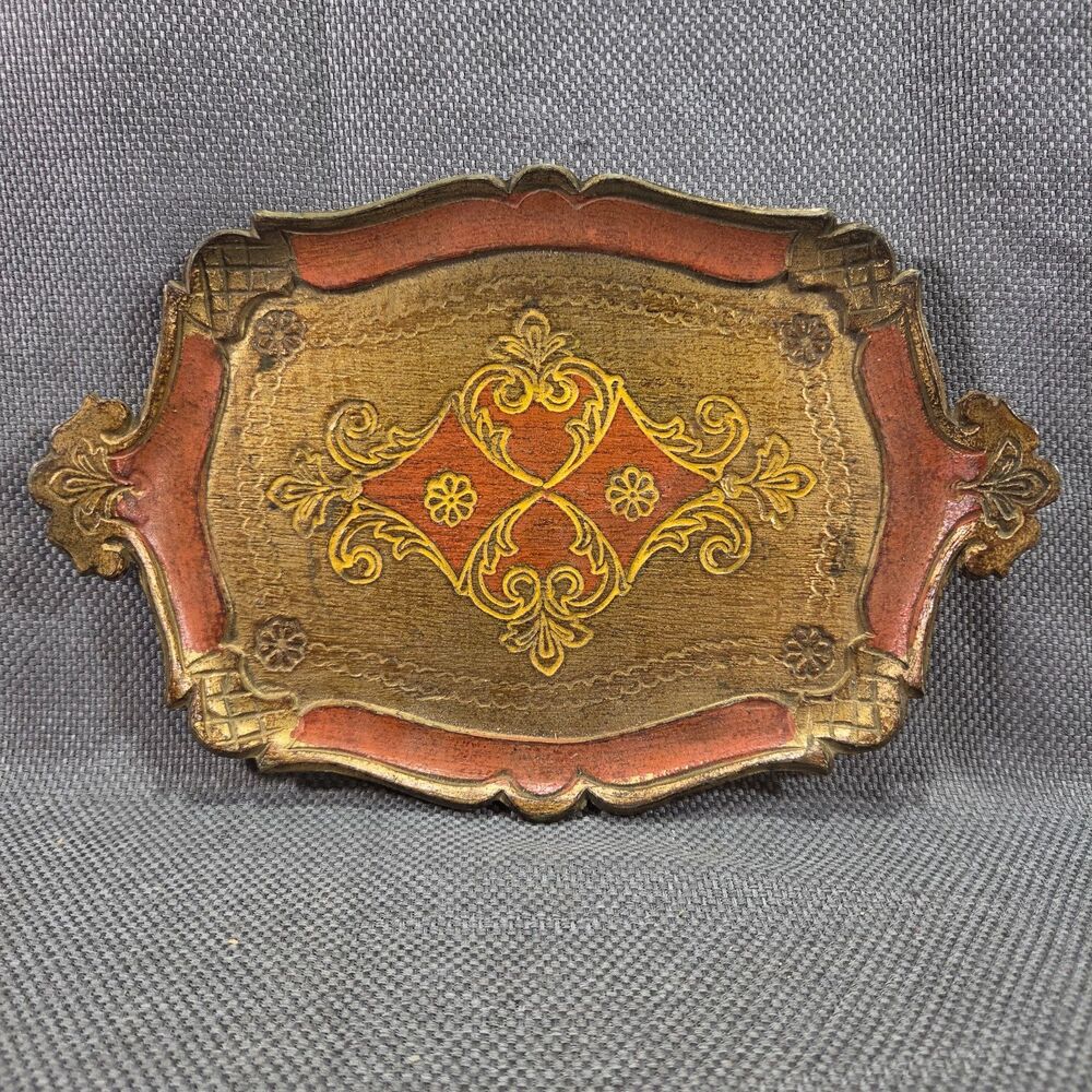 Vintage Italian Florentia Gilt Wood Vanity Tray Gold Leaf Coral Pink Florentine